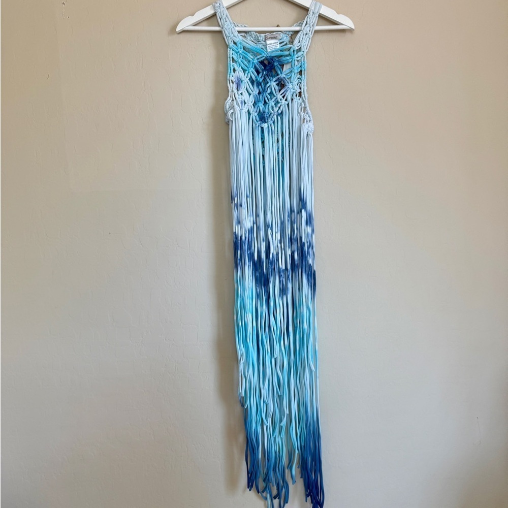 Charmosa Maya Swim Crochet Maxi Length Cover Up Blue White Macrame Resort S